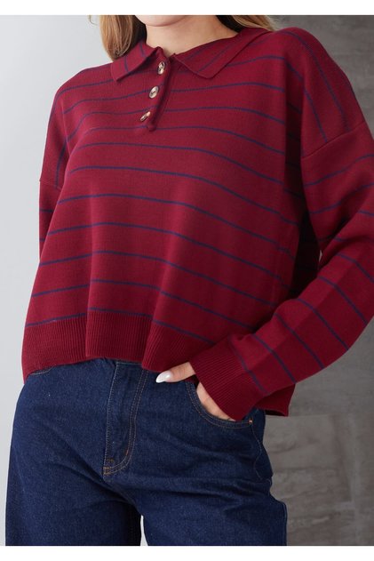 Zenne Striped Polo Neck Buttoned Knitwear Sweater Burgundy