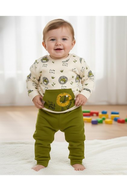 Baby Boy Lion Embroidered Winter 3-Thread Set Fleece-Lined 6-9-12-18-24 Months Top and Bottom Baby Set