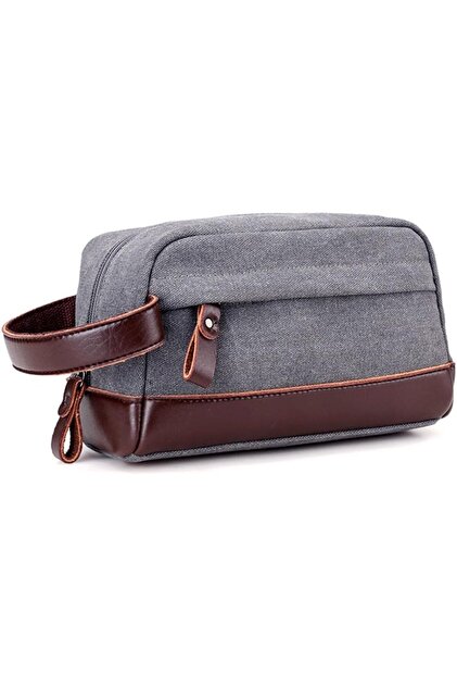 Men's Travel Toiletry & Dopp Kit Bag, Leather & Fabric (Silver)