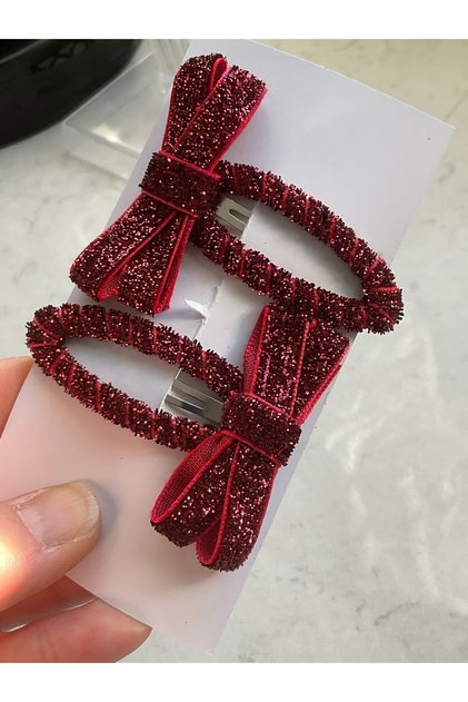 Burgundy Glitter Bow Snap Buckle Set of 2. Compatible for Mother and Daughter, Daily & Special Occasions