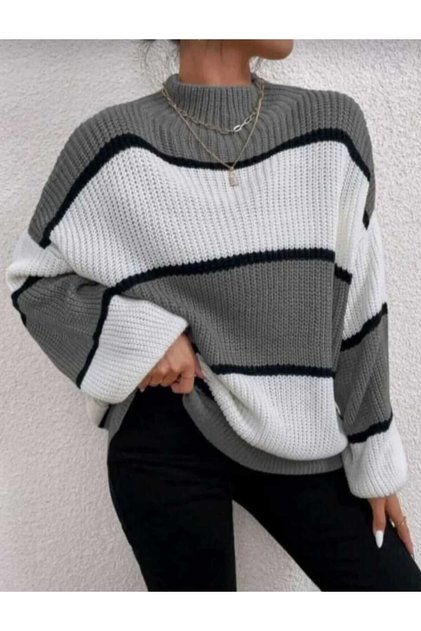 Gray White Half Fisherman Oversize Women's Knitwear Sweater