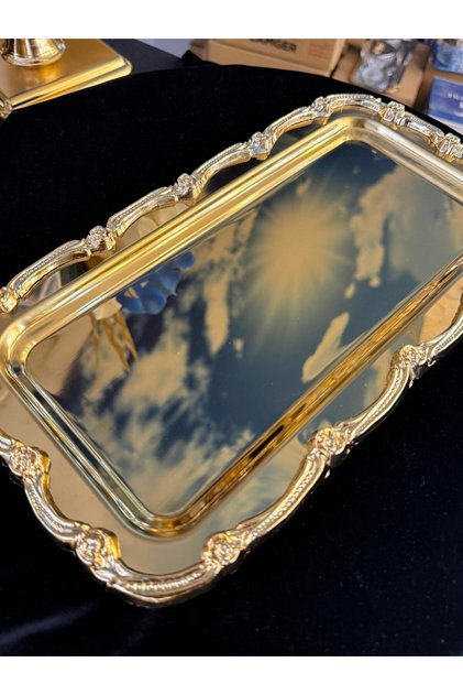 6 Pieces Gold Tray with Gold Rose Stripes, Brown Tea Presentation Serving Tray, 33 cm