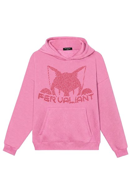Unisex Cat Stone Printed Oversized Hooded Sweatshirt