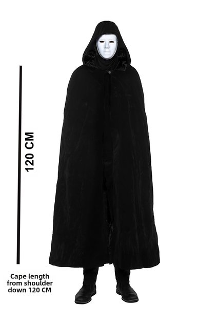 Black Hooded 120 cm Cape and White Paintable Full Face Mask (4887)