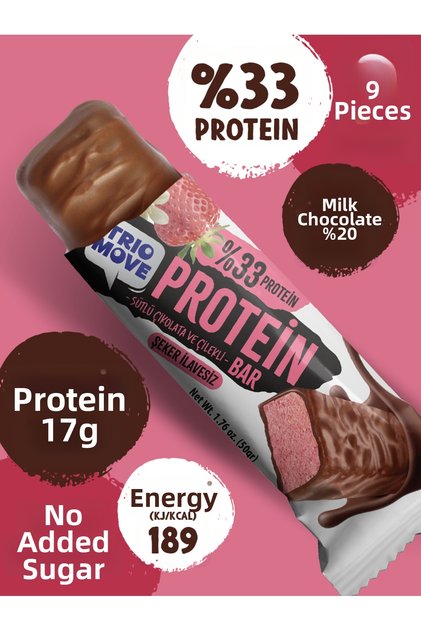 50 Grams Protein Bar - Strawberry 33% Protein, 50 g X 9 Pieces Trio Move