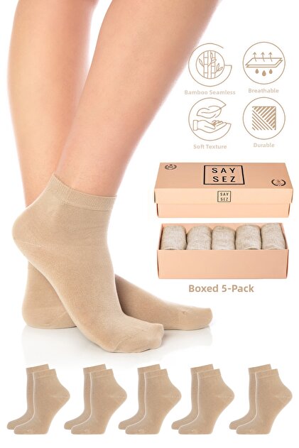 Bamboo Women's Half Socks Beige Mink Plain Socks Seamless Premium Boxed 5-Piece