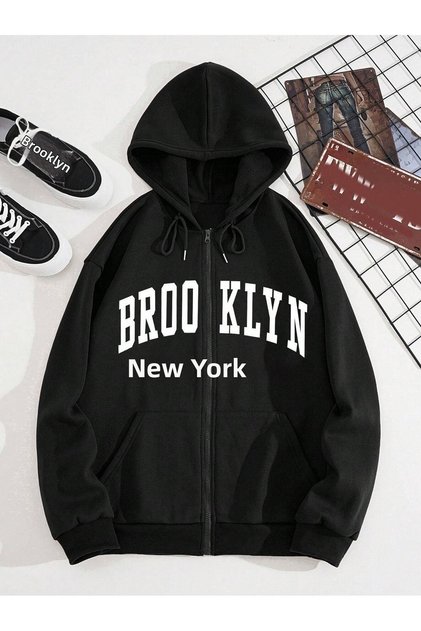 Brooklyn New York Cardigan - Black Printed Oversize Hoodie