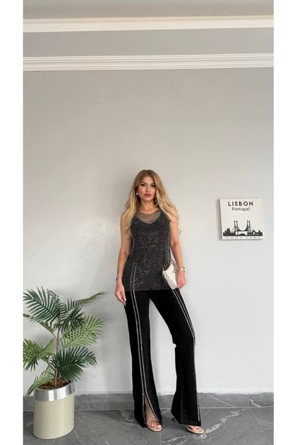 Women's New Season Stone Blouse Side Zipper Trousers Flexible Compact Fabric 3 Piece Set