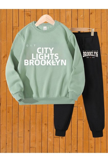 3 Thread Top Mint Bottom Black Brooklyn Printed Girls/Boys Oversize Sweatsihrt & Tracksuit Set