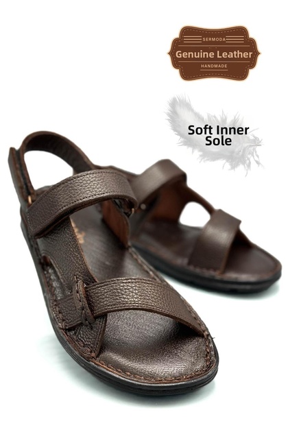 Genuine leather velcro men's sandals - khaki brown