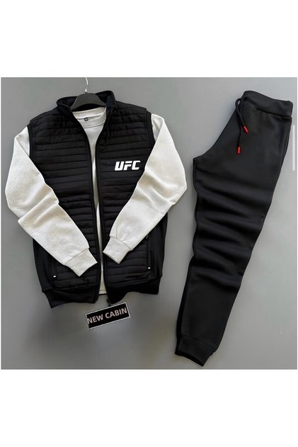 Ufc Printed Quilted Knitwear Detailed Vest-Winter Sweatpants-Sweatshirt 3-Piece Top and Bottom Set