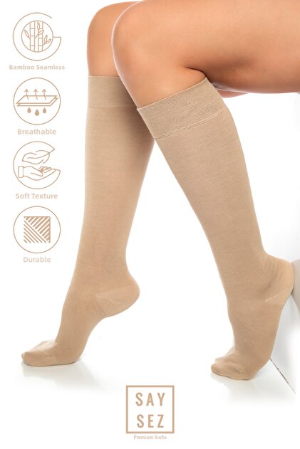 Bamboo Women's Knee-Length Plain Beige Soft Long Seamless Socks / Pantyhose / Skin-Coloring Socks