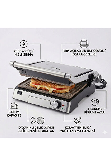 Karaca Biogranit Inox 2000W 6 Dilim Çıkarılabilir Plaka Tost