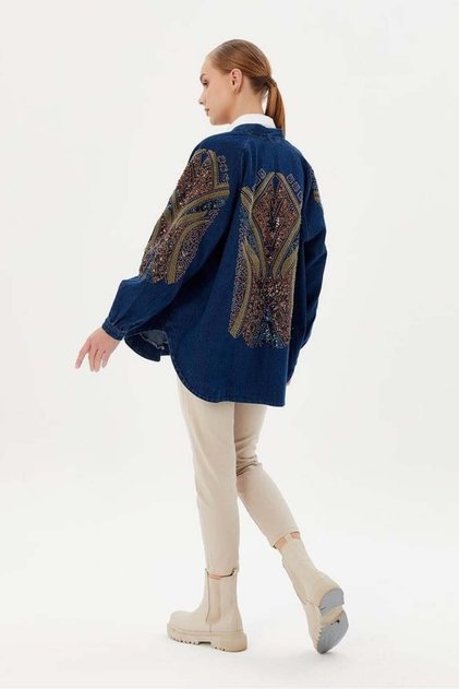 Dadali̇ Arm and Back Pule Embroidery Detail Kimono Blue
