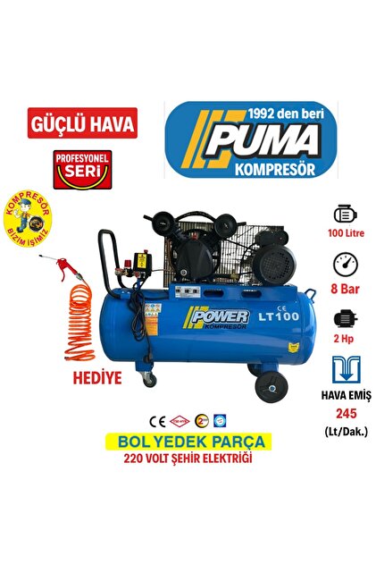 100 Litre. 2 Hp 220 Volt 8 Bar Döküm kafalı Pistonlu Yağlı Kompresör