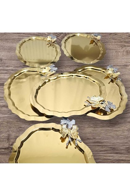 6li Lux Tek Tarafli Gold Oval Kelebekli Sunum Söz Ni̇şan Çay Dekoratif Ve Çok Amaçli Tepsi̇