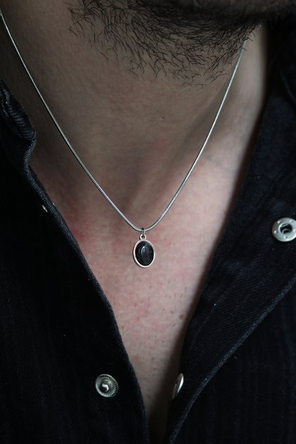 Estolad Men's Stainless Steel Necklace with Black Natural Stone Detail and Silver Color Snake Chain