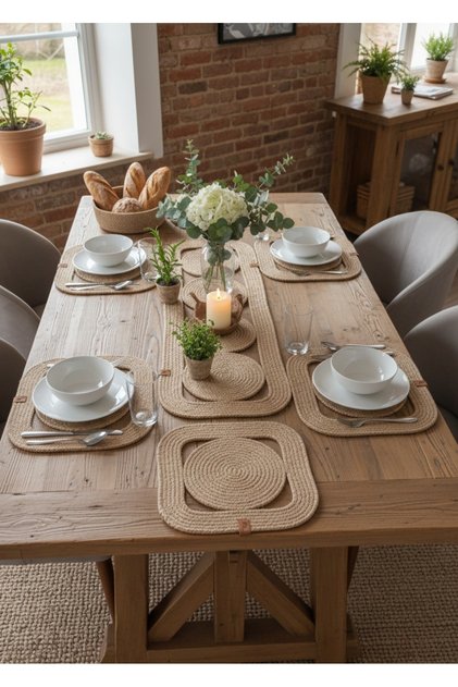 Wicker Color Square Model Jute American Dinnerware Set – 8 Pieces Placemats, Runner, and Bread Basket