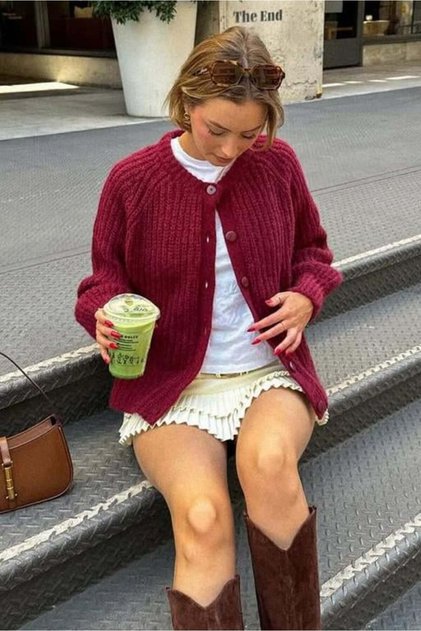 Burgundy Crew Neck Thessaloniki Knitted Buttoned Women's Cardigan Mg2487