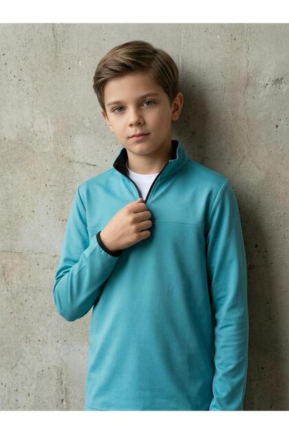 Kids Half Zip Scuba Sweat | Turkuaz (Slim Fit Half-Zip Scuba Fabric Turquoise Kids Sweatshirt)