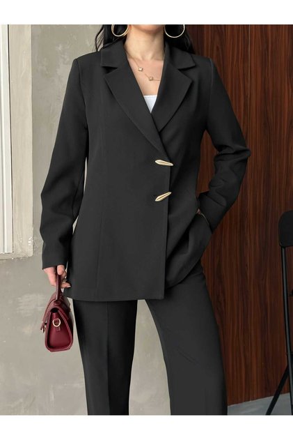 Blazer Jacket Wide Leg Pants Set with Gold Buttons
