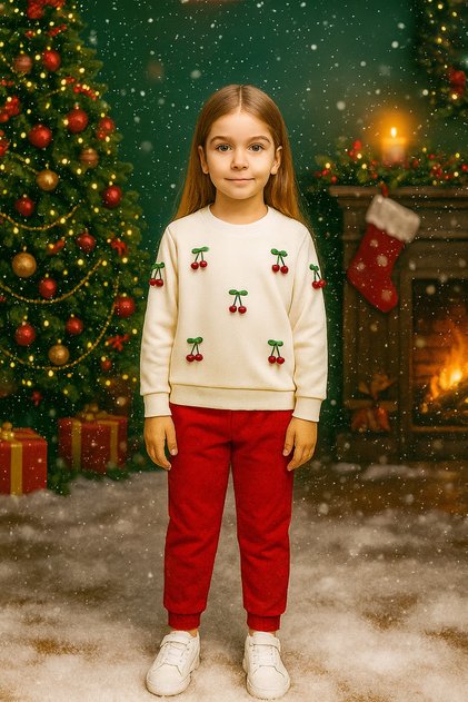 Girl's Seasonal Top and Bottom Set with Frilly Sleeves