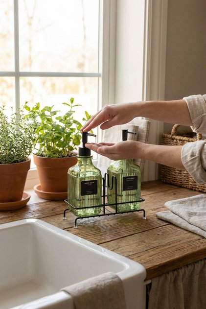 Modern Striped Patterned Glass Double Liquid Soap Dispenser & Detergent Dispenser Set, Green - 500 ml Glass Soap Dispenser