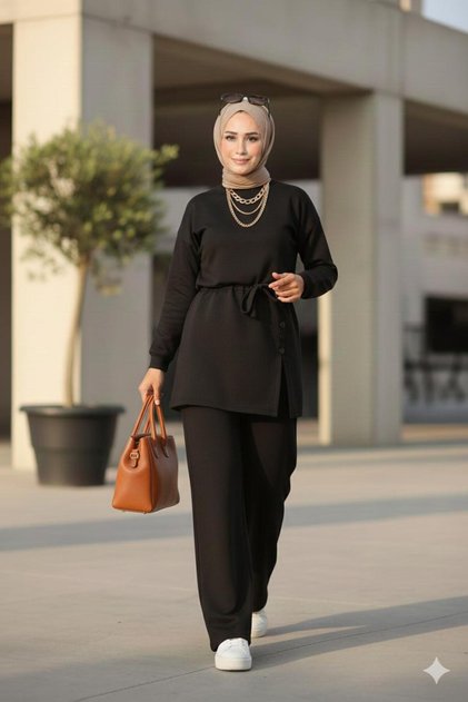 Women's Black Top and Bottom Set ♦ Tie the Waist ♦ Button Slit Detail ♦ 2 Yarn Knitted Fabric ♦ Comfortable Fit