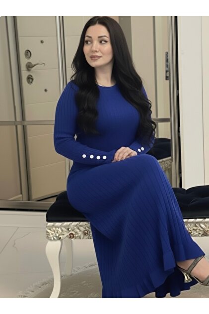ABBA Hijab Casual Knitwear Long Dress Blue- Trendyol
