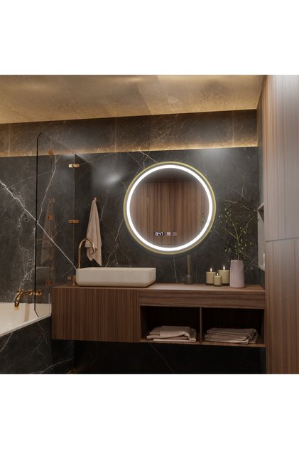 Oglinda LED Touch Klaus Sistem Dezaburire, Ceas si Temperatura, 50 cm, rama Auriu Brushed