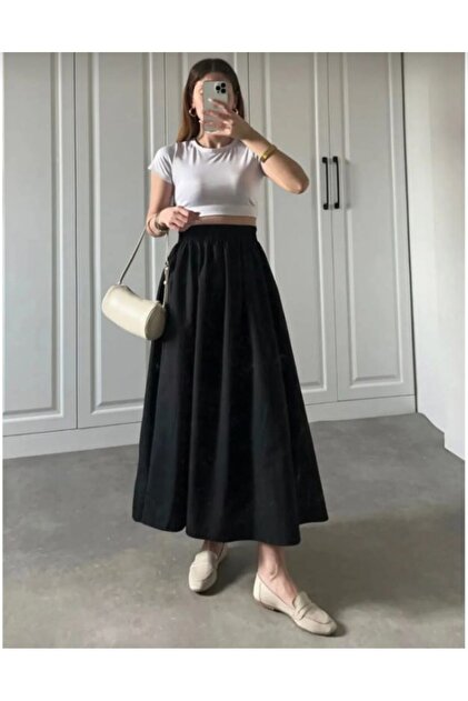 Women's Poplin Fabric Elastic Waist Double Pocket Long Skirt