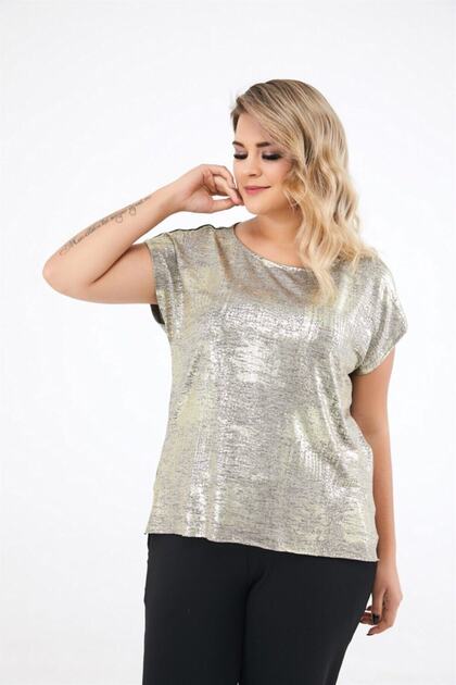 Women's Coffee Gold Short Sleeve Glitter Printed Slit Blouse