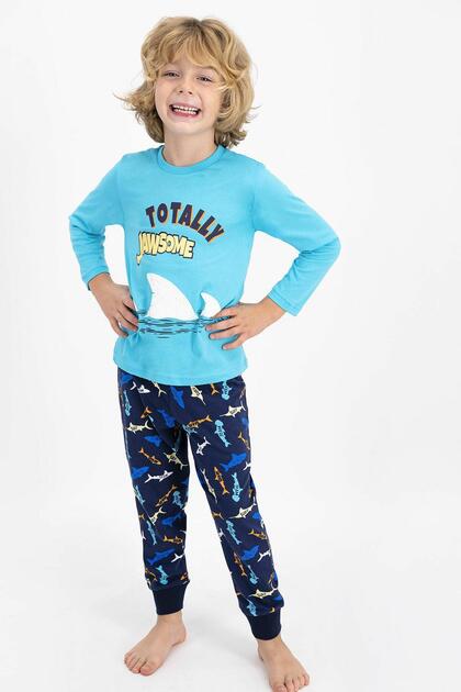 2357 Totally Jawsome Turquoise Boy's Long Sleeve Pajama Set