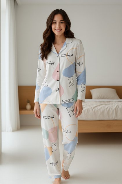 Women's Colorful Buttoned Soft Fabric Pajama Set