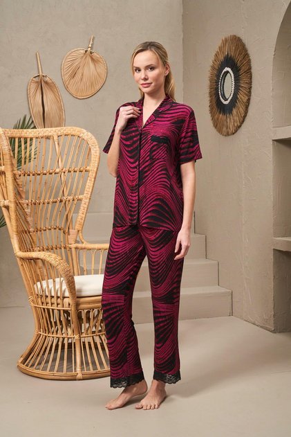 25140 Women's Collared Buttoned Patterned Short Sleeve Pajamas Set