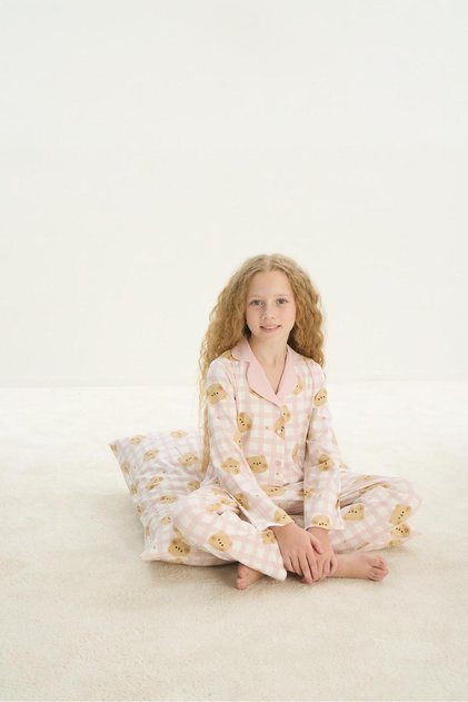 8758 Girl's Front Buttoned Long Sleeve Pajama Set