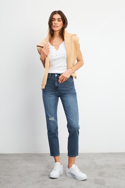 VENA Kadın Jessica Dark Blue Mom Jean Pantolon - Dark Blue