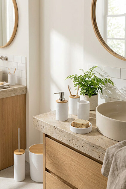 MAKRİ HOME 6 Parça Bambu Kapaklı Banyo Seti, Beyaz, Oval, Hacim: 8