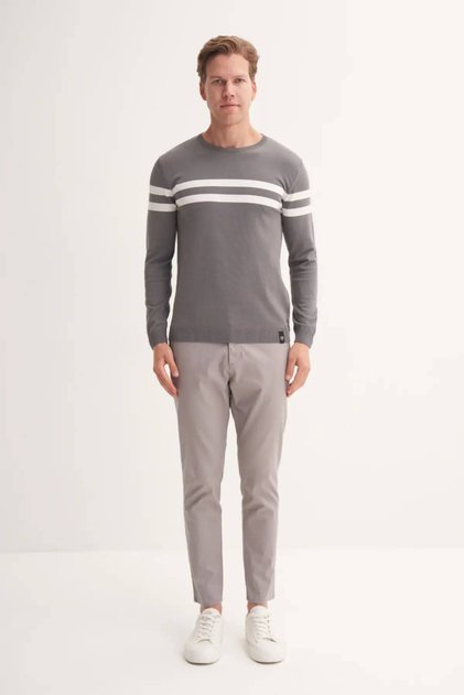 Slim Fit Viscose Fabric Basic Two Striped Crew Neck Sweater