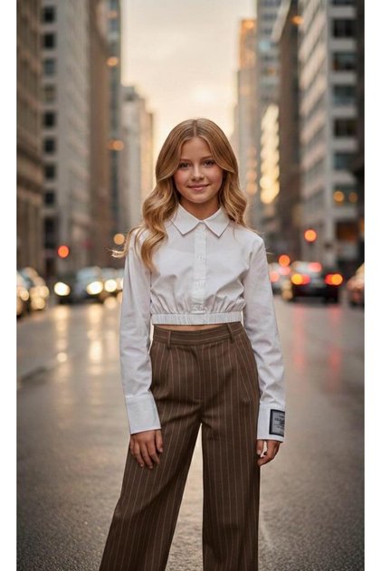 Girl's Padded Design White Shirt with Sleeve Label Striped Wide Leg Trousers 2-Piece Set