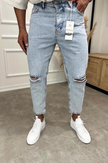 Boyfriend Men's Light Blue Jeans with Ripped Detail