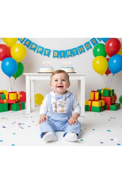 Zoo Giraffe One Year Old Concept Baby Blue Salopet Set