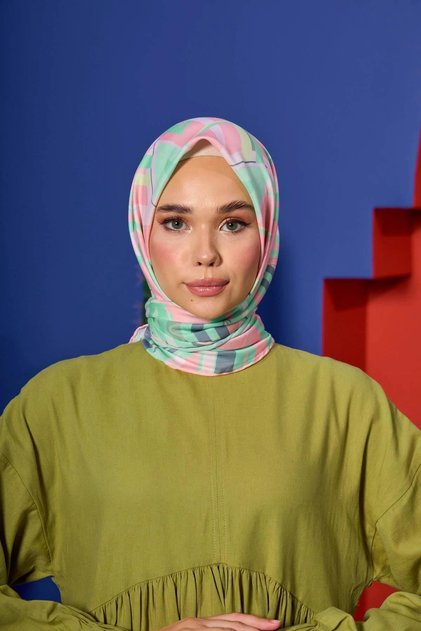 Marrakech Koleksiyon Soft Eşarp Yeşil Orta Pembe 1208-08