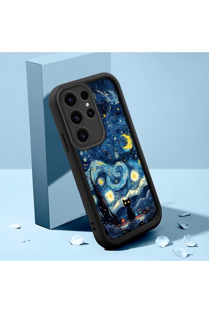 Samsung Galaxy S23 Ultra Compatible Black Silicone Cat Pattern Shock Absorbing Phone Case