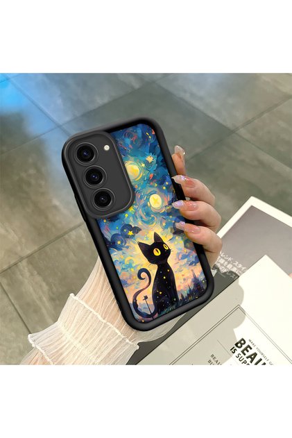 Samsung Galaxy S23 Compatible Black Silicone Cat Pattern Shock Absorbing Phone Case