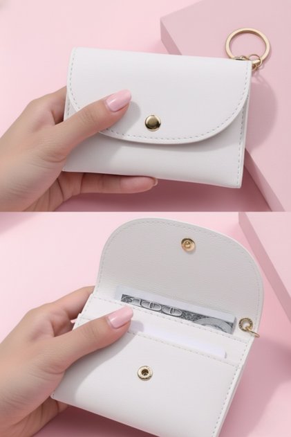 White Double Compartment Mini Credit Card Holder Wallet with Keychain 10X7 cm