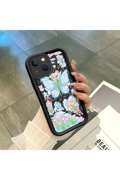 iPhone 14 Plus Compatible Black Silicone Lily and Butterfly Pattern Elegan Styles Phone Case