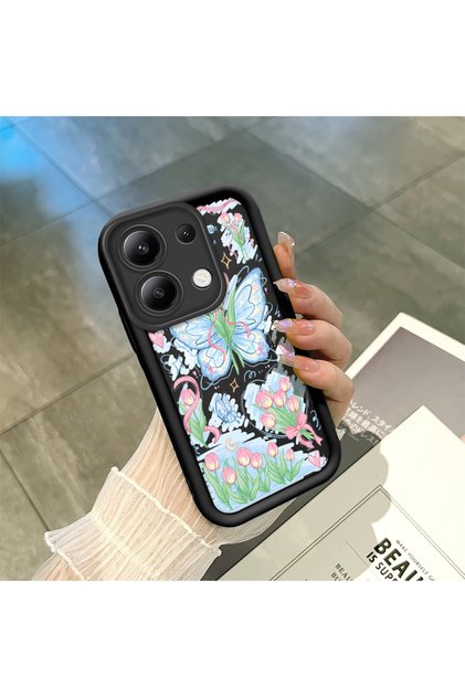 Xiaomi Redmi Note 13 4g Compatible Black Silicone Case with Lily and Butterfly Pattern Elegan Styles