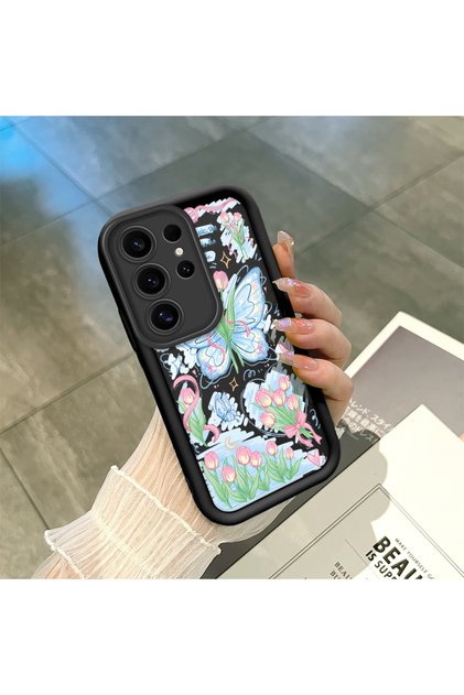 Samsung Galaxy S25 Ultra Compatible Black Silicone Zambaq and Butterfly Patterned Elegan Styles Case