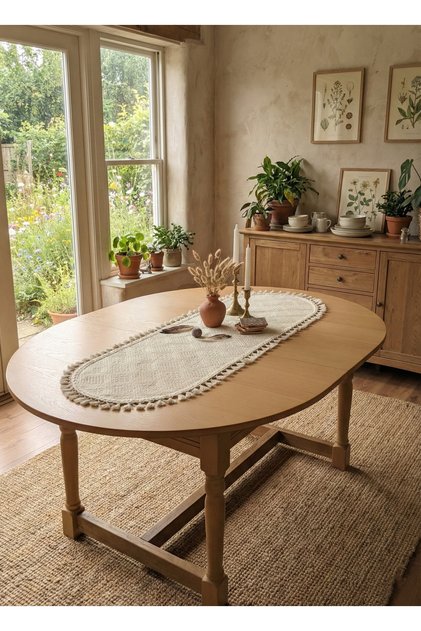 Doğal Dokulu Püsküllü Buldan Bezi Oval Runner 40×110 cm